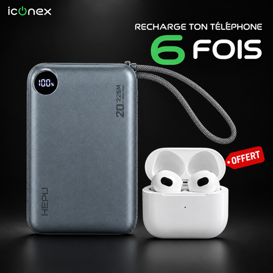 Powerbank HEPU Ultra Rapide 20 000 mAh + Écouteur Sans Fil Offert
